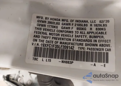 2020 Honda Civic Ex from USA, damaged, VIN 19XFC1F35LE209142